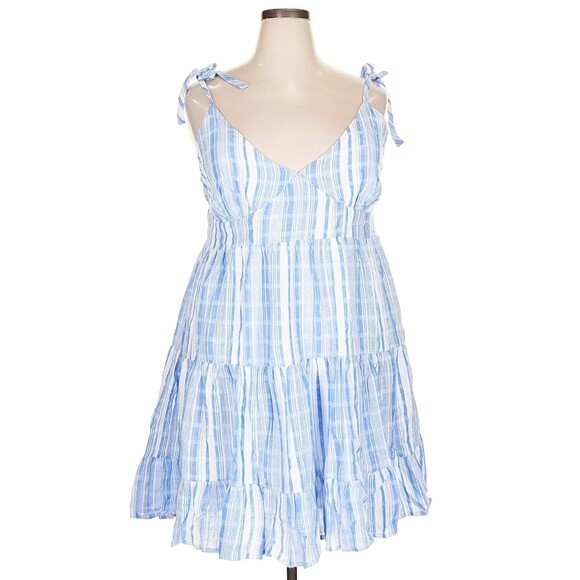Lulus Shore of Yourself Blue Striped Tie Strap Tiered Mini Dress 2X Cotton NWT - Picture 2 of 12